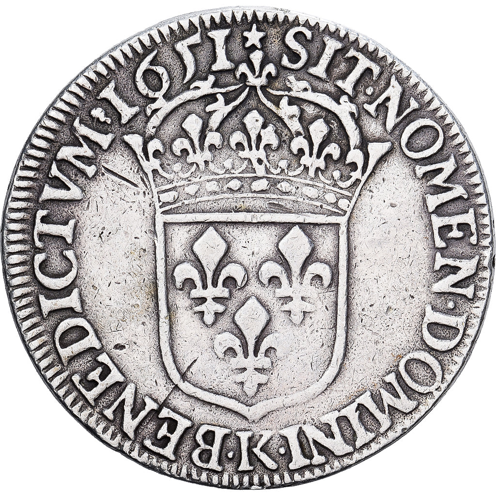 Francia, Louis XIV, 1/2 Écu à la mèche longue, 1651, Bordeaux, Argento, MB+