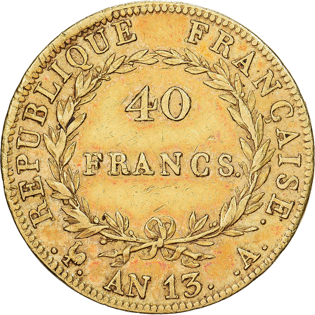 Francia, 40 Francs, Napoléon I, AN 13, Paris, Oro, BC+, KM:664.1