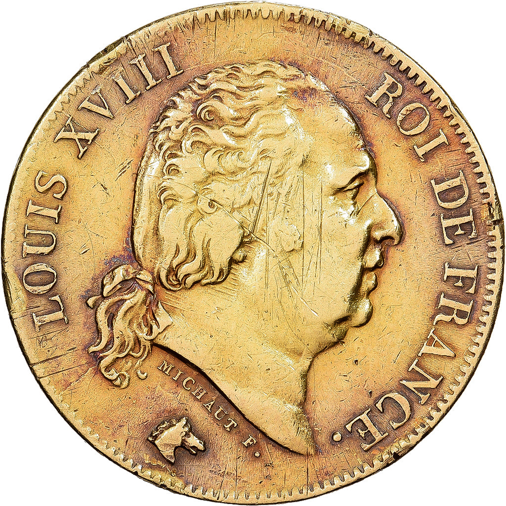 Francja, Louis XVIII, 40 Francs, Louis XVIII, 1818, Lille, Złoto, VF(30-35)