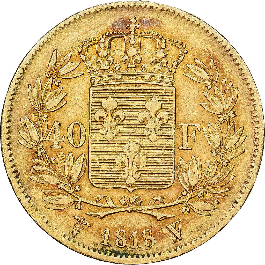 Francja, Louis XVIII, 40 Francs, Louis XVIII, 1818, Lille, Złoto, VF(30-35)
