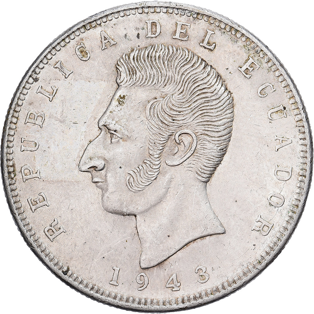 Equador, 5 Sucres, Cinco, 1943, Mexico City, Prata, AU(50-53), KM:79