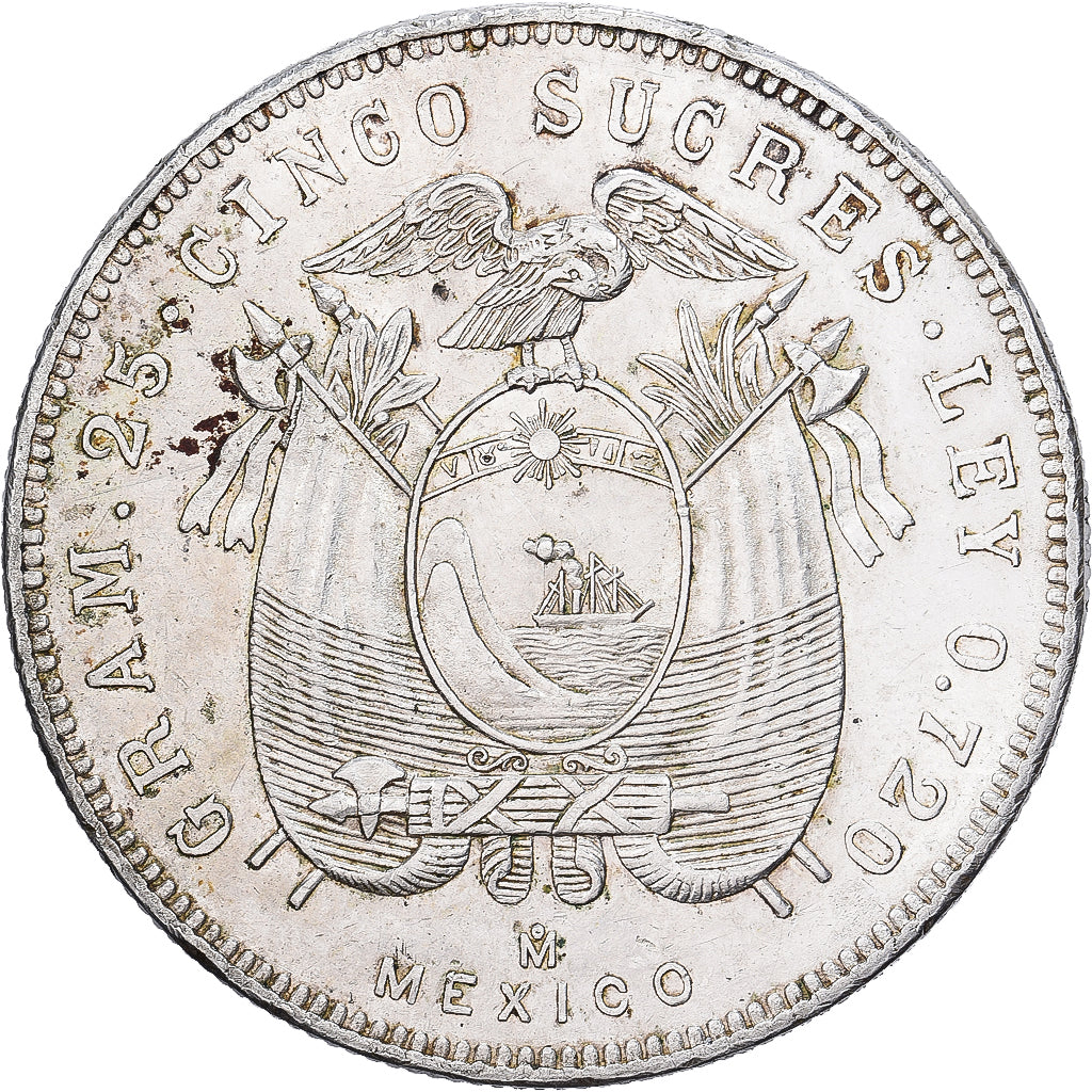 Equador, 5 Sucres, Cinco, 1943, Mexico City, Prata, AU(50-53), KM:79