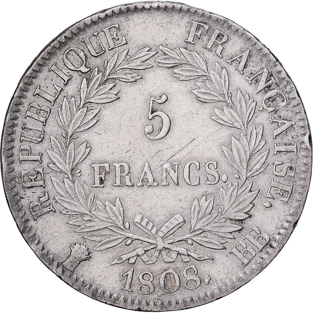 França, 5 Francs, Napoléon I, 1808, Strasbourg, Prata, EF(40-45), KM:686.3