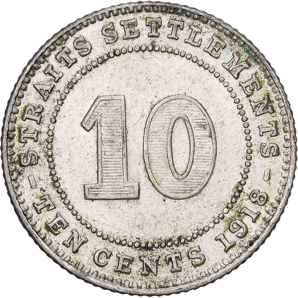 Straits Settlements, George V, 10 Cents, 1918, British Royal Mint, Zilver, ZF+