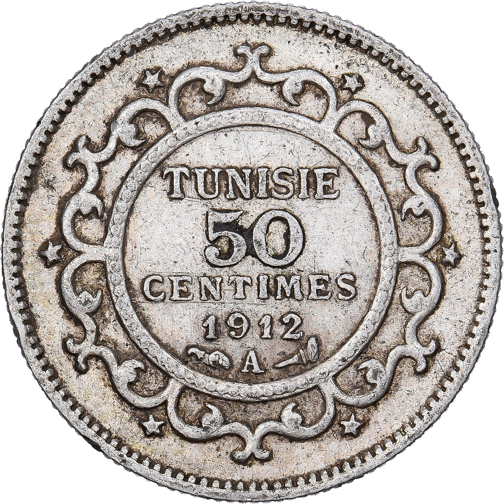 Tunisië, Muhammad al-Nasir Bey, 50 Centimes, 1912, Paris, Zilver, FR+, KM:237