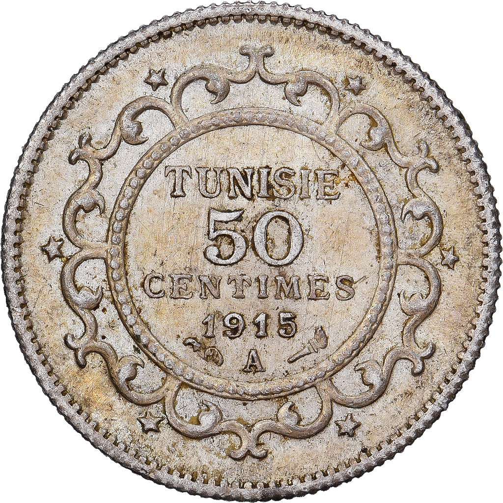 Tunisië, Muhammad al-Nasir Bey, 50 Centimes, 1915, Paris, Zilver, ZF, KM:237