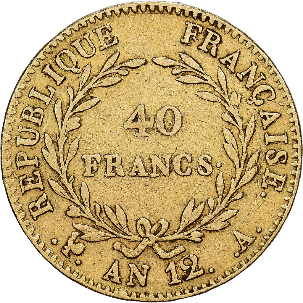 França, 40 Francs, Napoléon I, An 12 (1804), Paris, Dourado, VF(30-35), KM:652