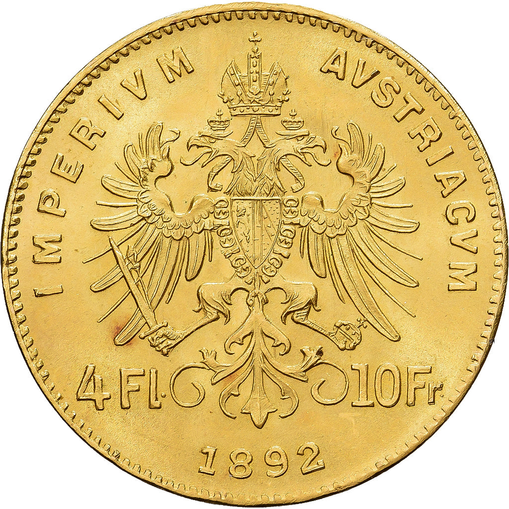 Áustria, Franz Joseph I, 4 Florin 10 Francs, 1892, Vienna, Dourado, MS(63)