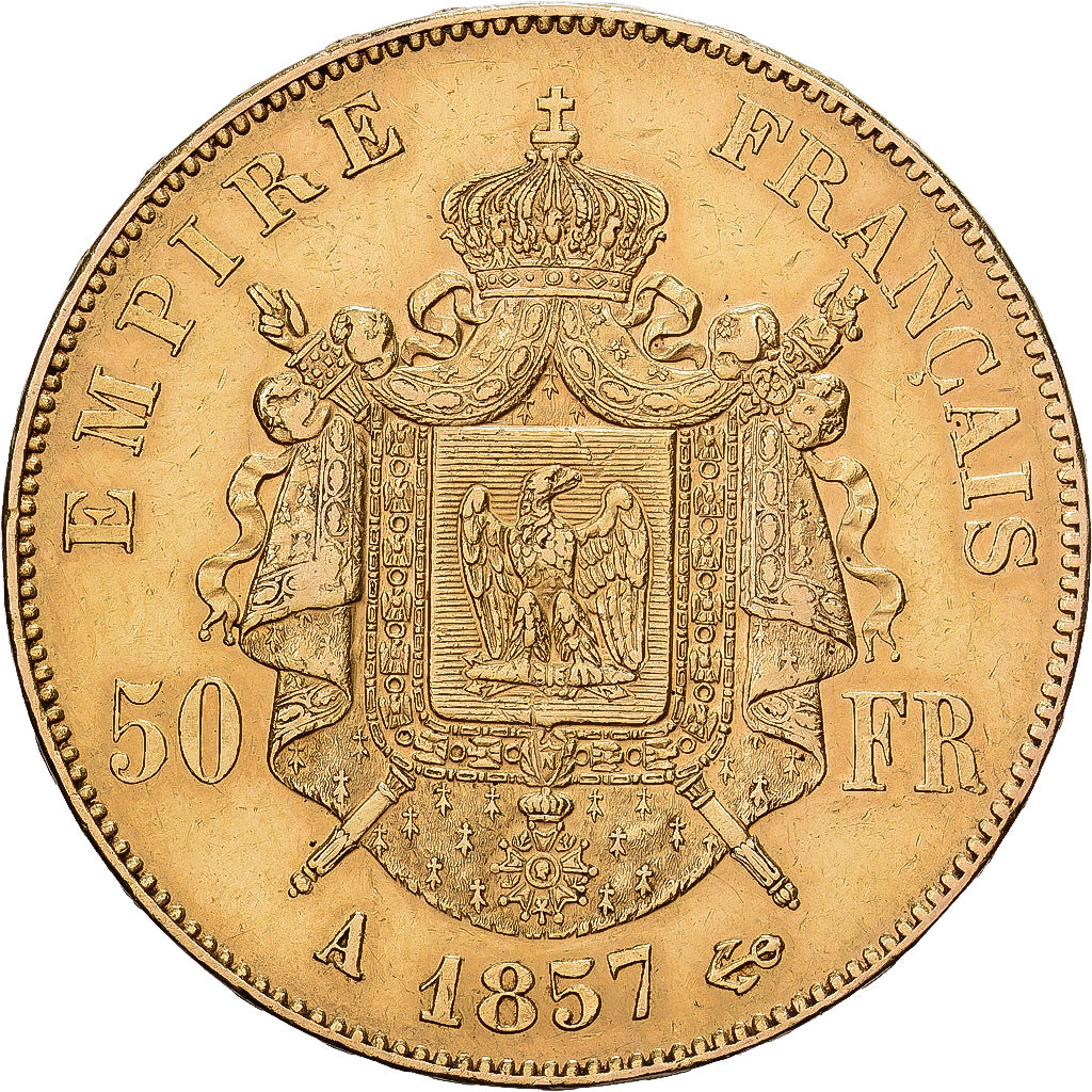 Francia, Napoleon III, 50 Francs, Napoléon III, 1857, Paris, Oro, BB+, KM:785.1