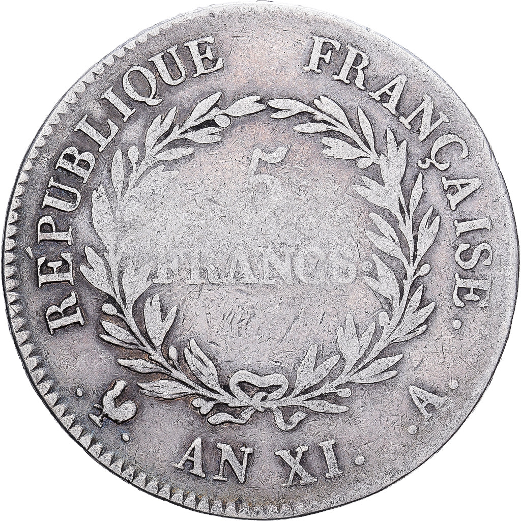 Francja, 5 Francs, An XI, Paris, Srebro, VF(20-25), KM:650.1