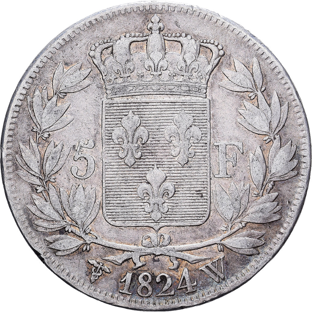 França, Louis XVIII, 5 Francs, Louis XVIII, 1824, Lille, Prata, VF(30-35)