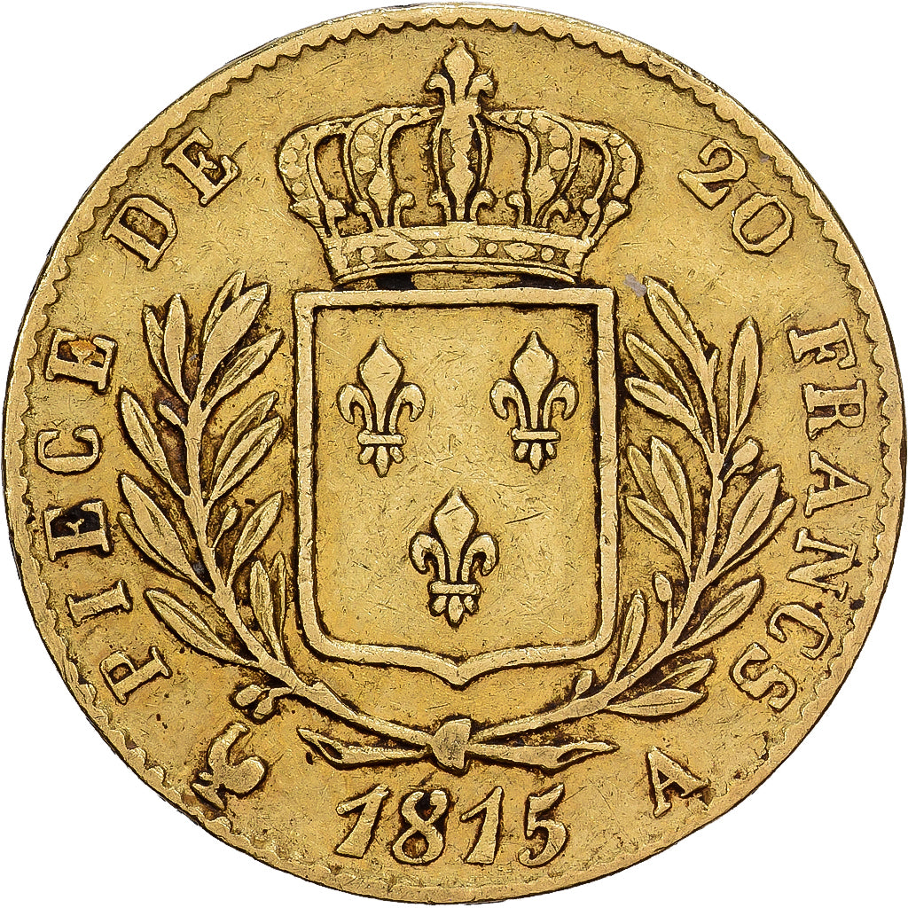 France, Louis XVIII, 20 Francs, Louis XVIII, 1815, Paris, Gold, VF(30-35)