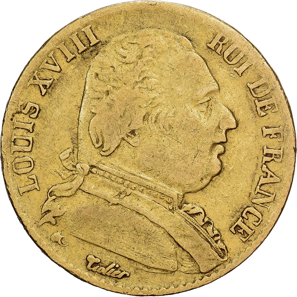 Francja, Louis XVIII, 20 Francs, Louis XVIII, 1815, Paris, Złoto, VF(30-35)