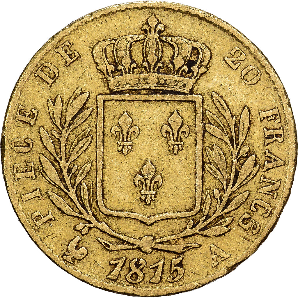 Francja, Louis XVIII, 20 Francs, Louis XVIII, 1815, Paris, Złoto, VF(30-35)
