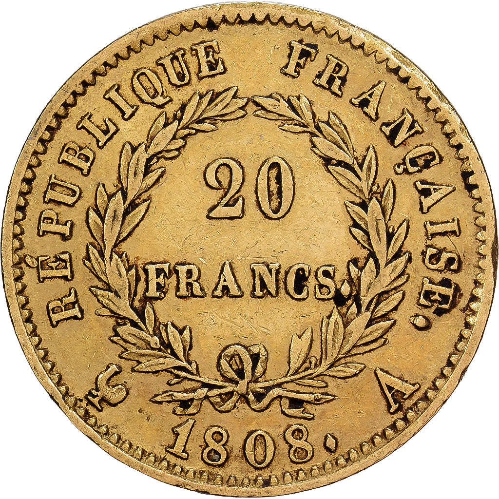France, 20 Francs, Napoléon I, 1808, Paris, Gold, AU(50-53), KM:687.1