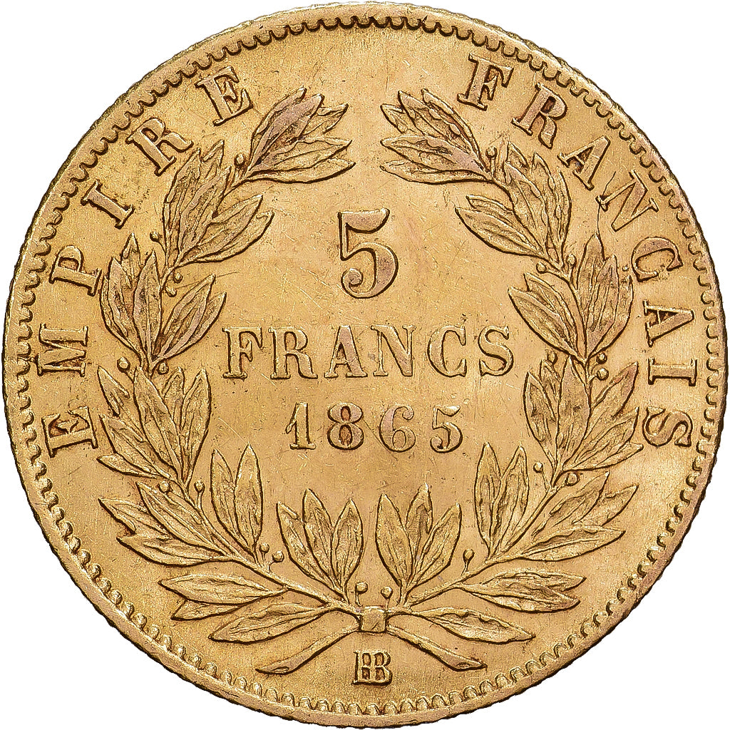 França, Napoleon III, 5 Francs, Napoléon III, 1865, Strasbourg, Dourado