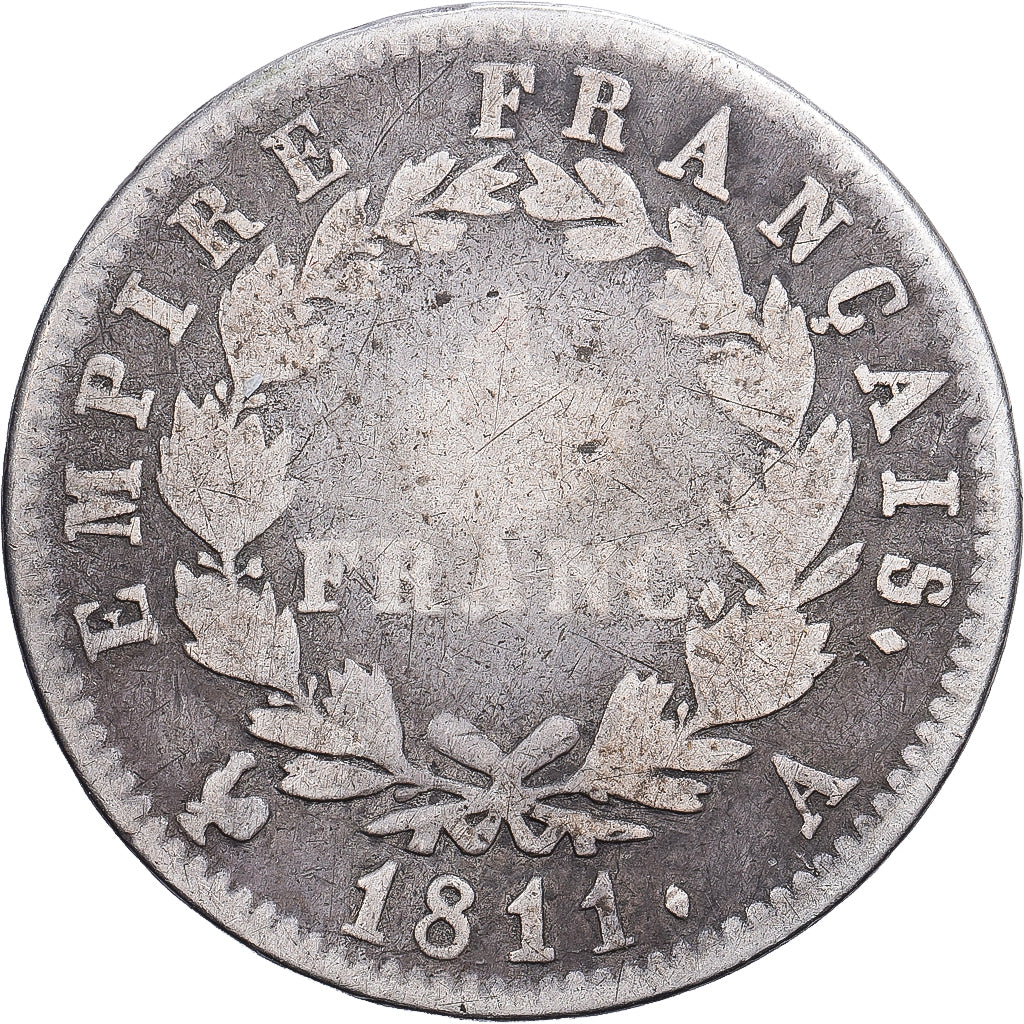 Francja, Franc, Napoléon I, 1811, Paris, Srebro, VF(20-25), KM:692.1