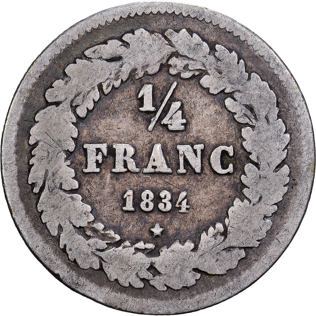 Belgio, Leopold I, 1/4 Franc, 1834, Brussels, Argento, MB, KM:8