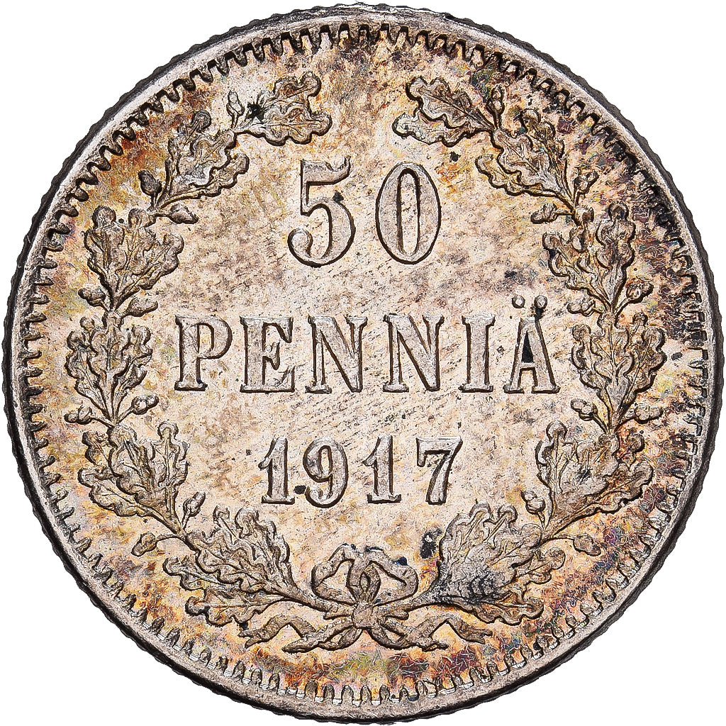 Finlandia, Nicholas II, 50 Penniä, 1917, Helsinki, Srebro, AU(55-58), KM:20