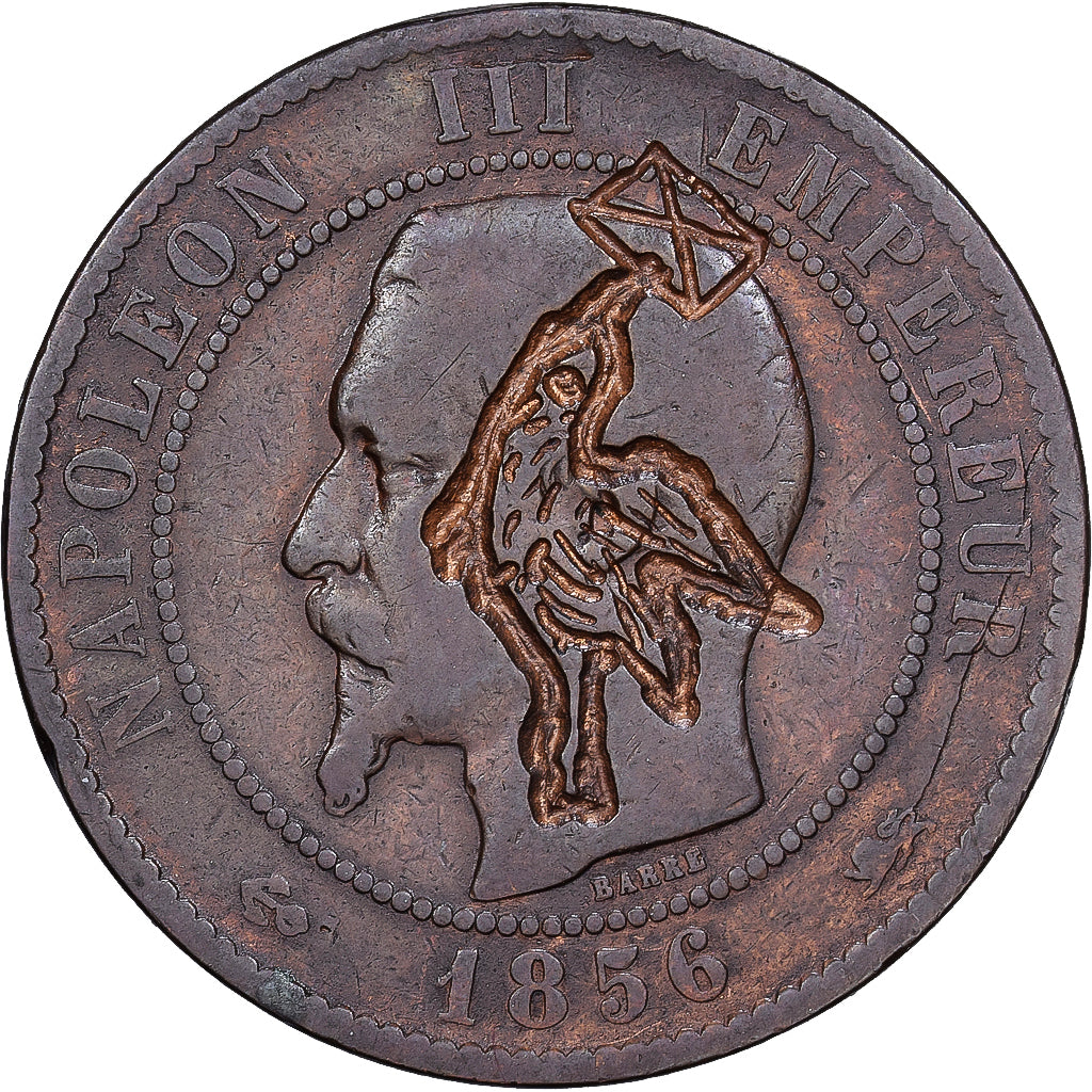 Francja, Napoleon III, 10 Centimes, 1856, Lyon, Satyryczne, Brązowy, VF(20-25)