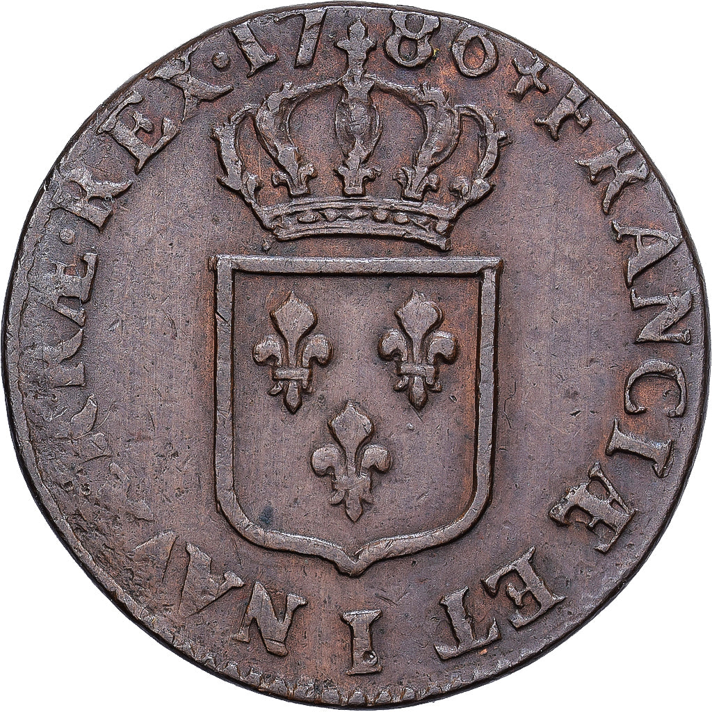 France, Louis XVI, Sol, Sol ou sou, 1780, Limoges, Copper, VF(30-35)