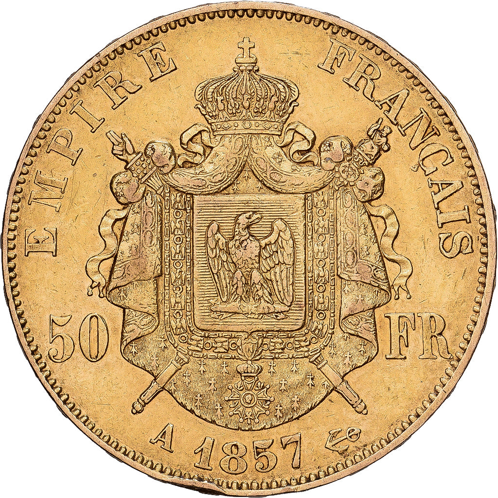 França, Napoleon III, 50 Francs, Napoléon III, 1857, Paris, Dourado