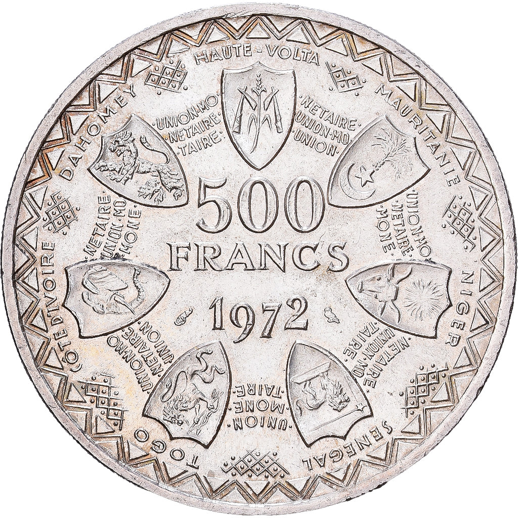 Estados da África Ocidental, 500 Francs, 1972, Paris, Prata, AU(55-58), KM:7