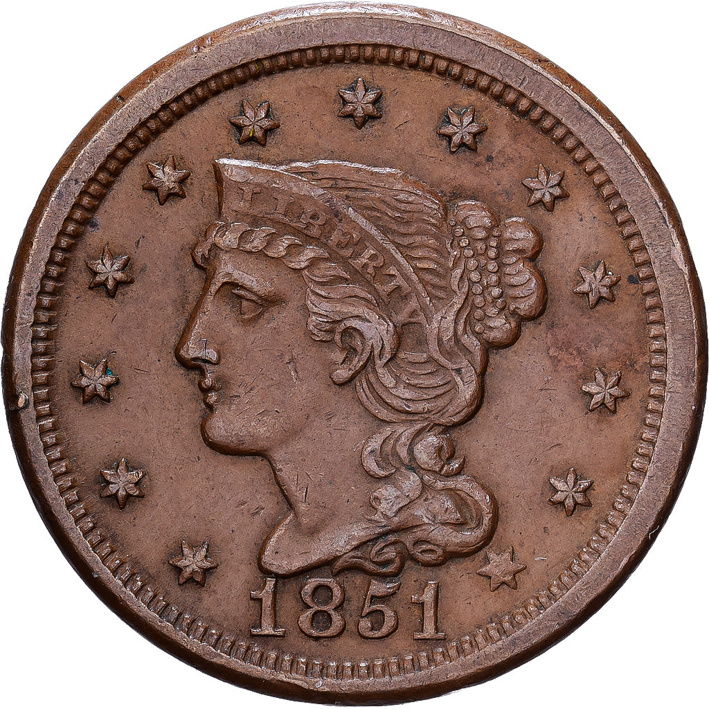 Estados Unidos, Cent, Braided Hair Cent, 1851, Philadelphia, Cobre, EBC, KM:67