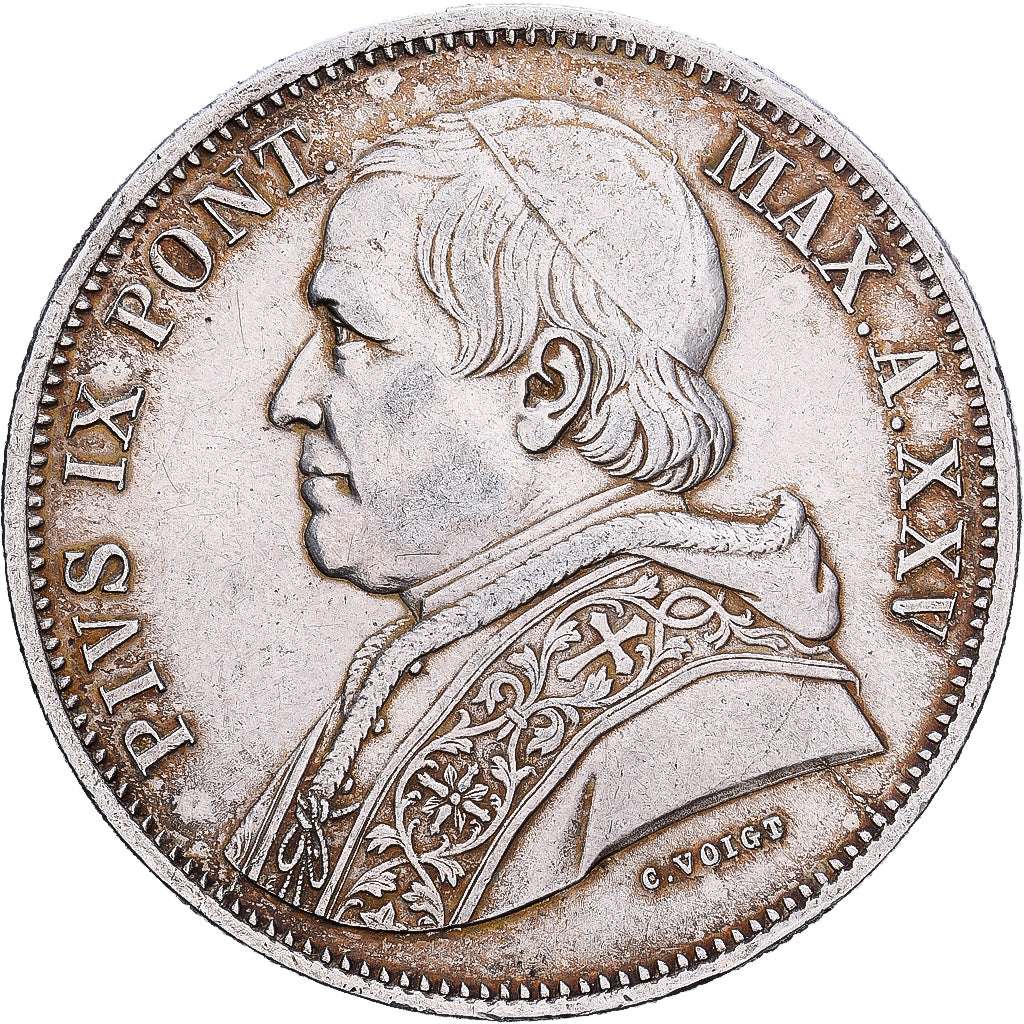 Papal States, PAPAL STATES, Pius IX, 5 Lire, 1870 (Anno XXV), Rome, Silver