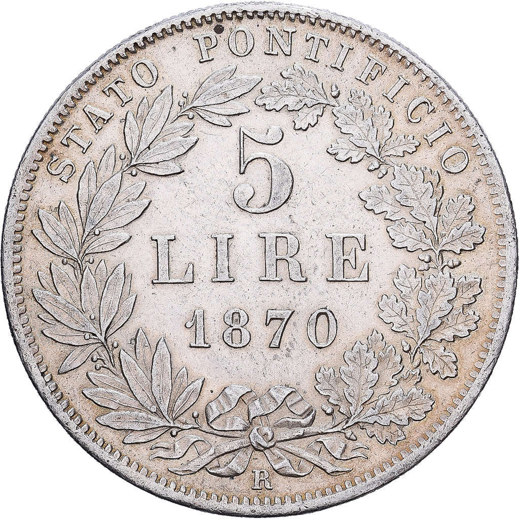Papal States, PAPAL STATES, Pius IX, 5 Lire, 1870 (Anno XXV), Rome, Silver