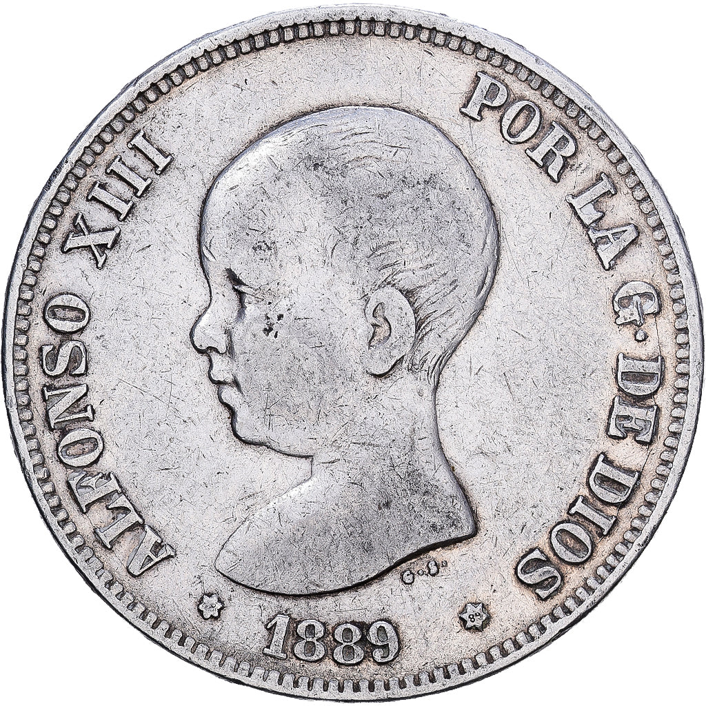 Spanje, Alfonso XIII, 5 Pesetas, 1889, Madrid, Zilver, FR+, KM:689