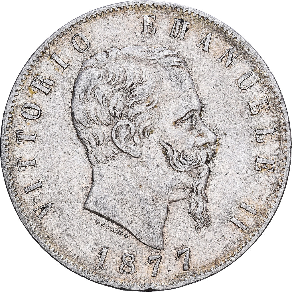Itália, Vittorio Emanuele II, 5 Lire, 1877, Rome, Prata, VF(30-35), KM:8.4