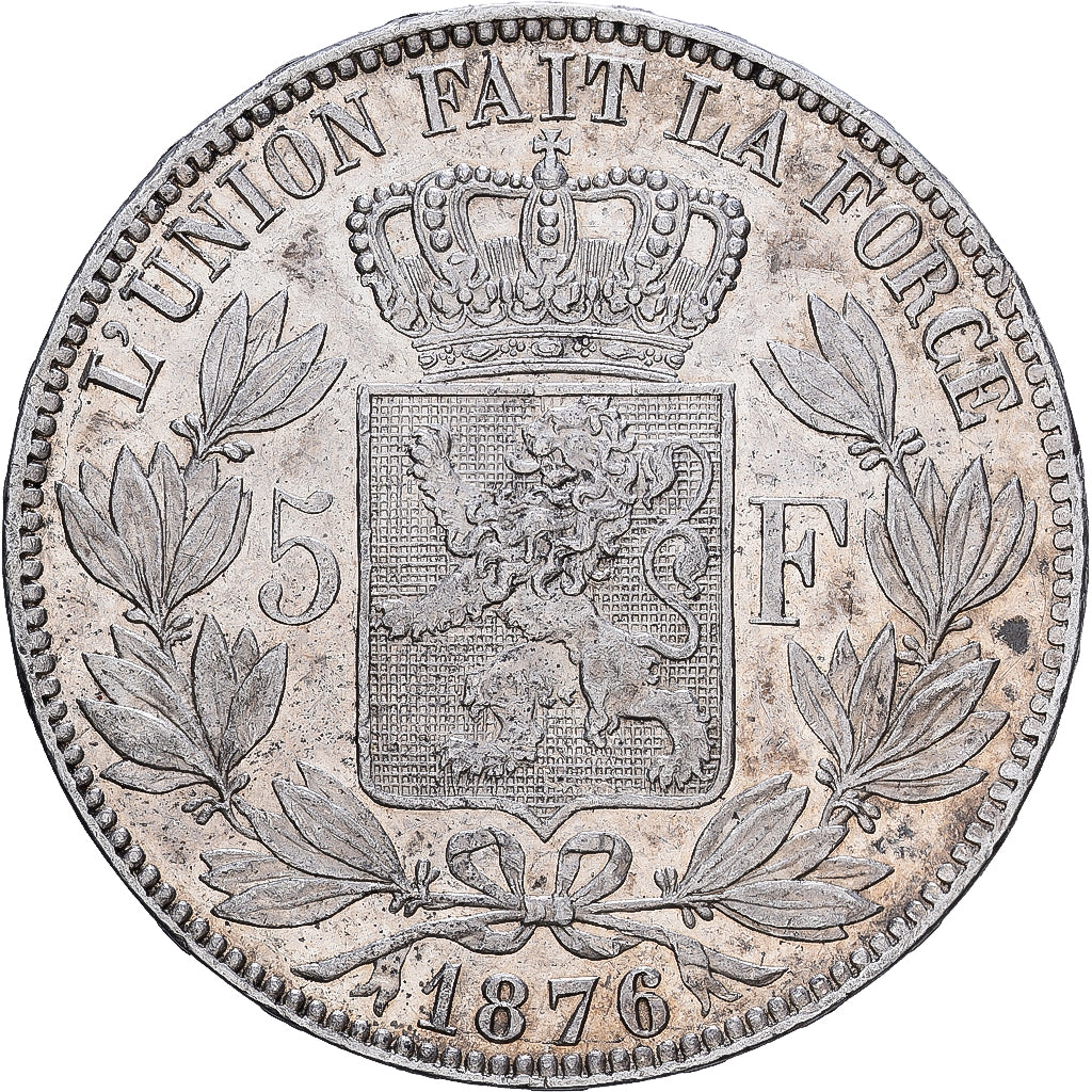 Belgia, Leopold II, 5 Francs, 5 Frank, 1876, Brussels, Srebro, AU(55-58), KM:24