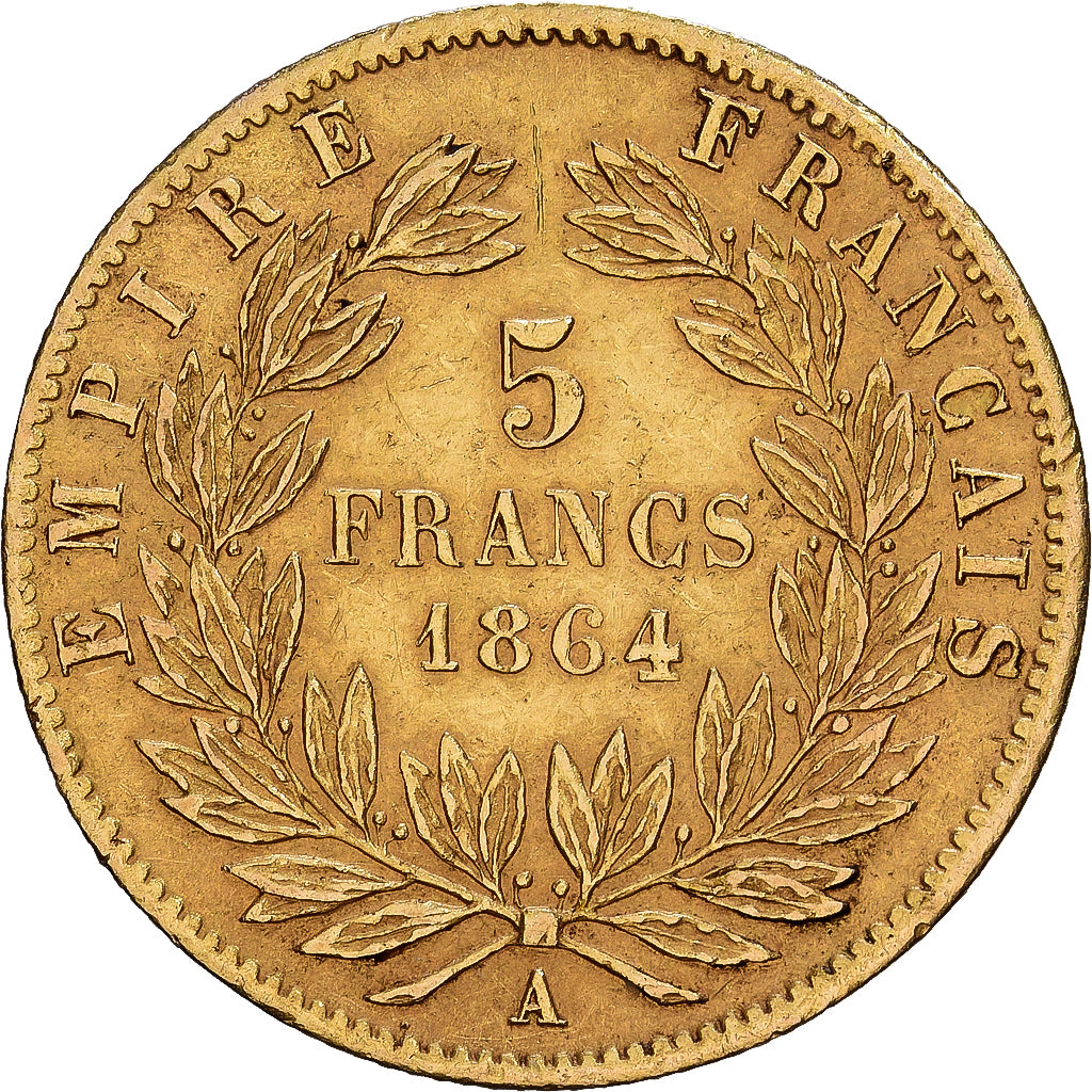França, Napoleon III, 5 Francs, Napoléon III, 1864, Paris, Dourado, AU(50-53)