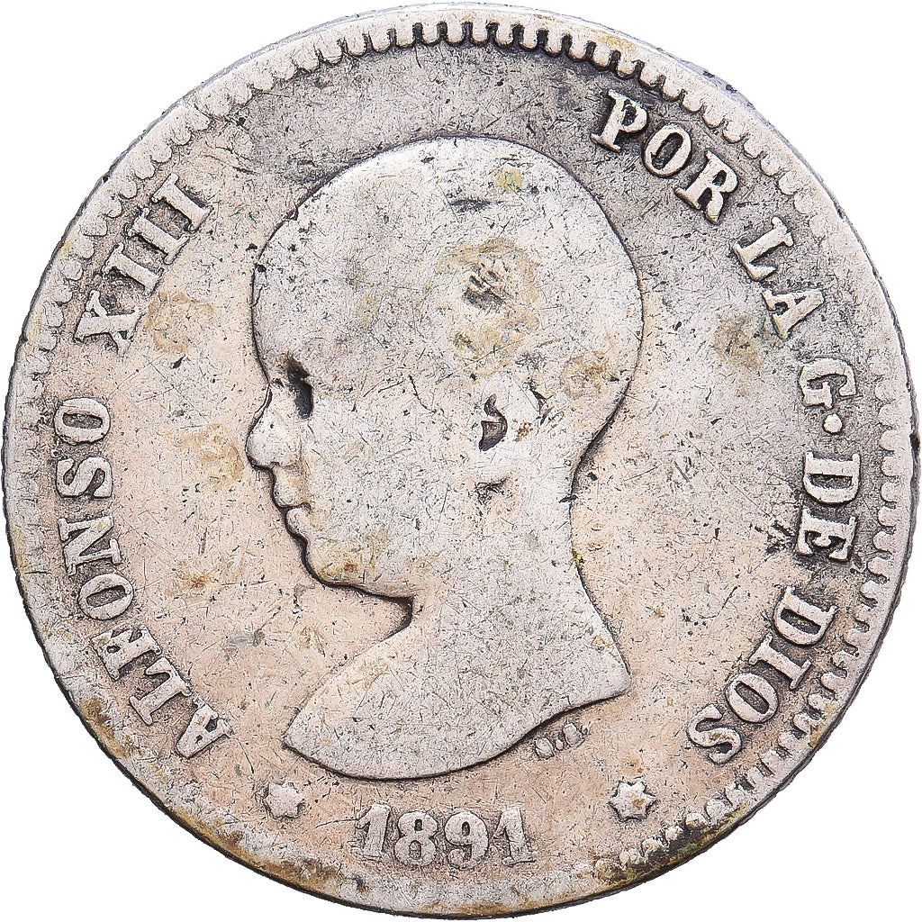 Spanje, Alfonso XIII, 5 Pesetas, 1891, Madrid, Zilver, FR, KM:689