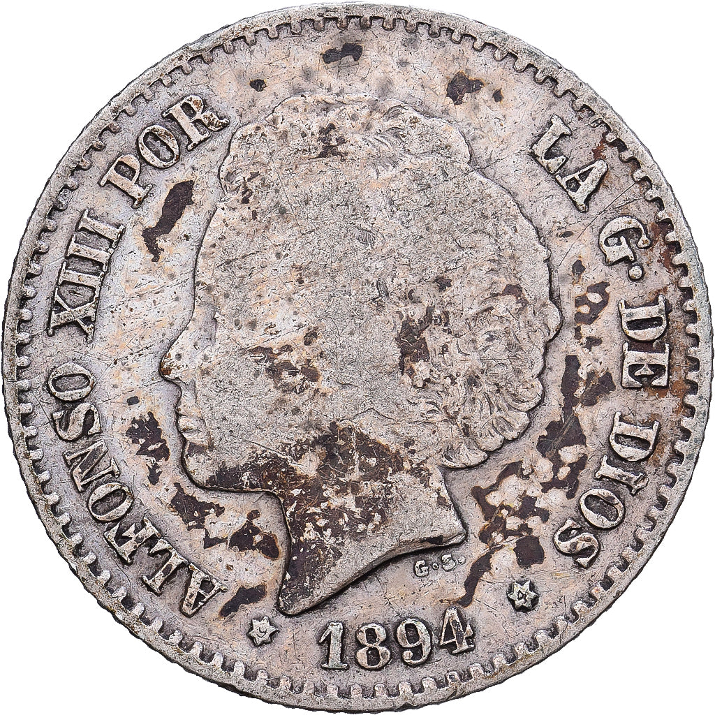España, Alfonso XIII, 50 Centimos, 1894, Madrid, Plata, BC+, KM:703