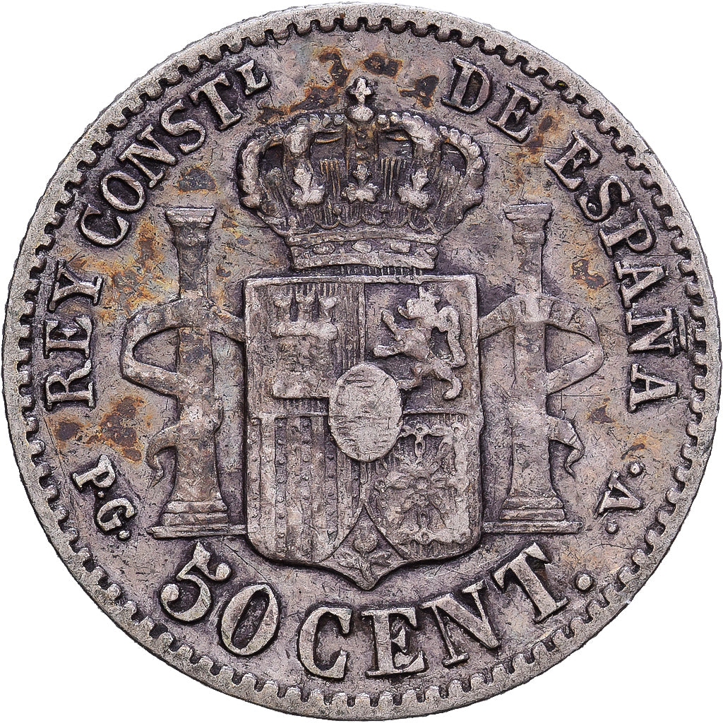 España, Alfonso XIII, 50 Centimos, 1894, Madrid, Plata, BC+, KM:703