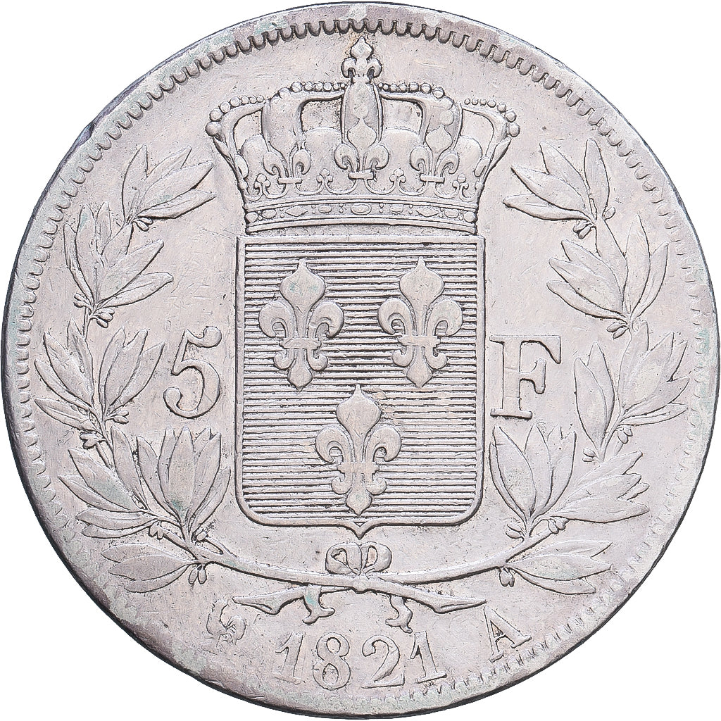 Francja, Louis XVIII, 5 Francs, Louis XVIII, 1821, Paris, Srebro, VF(30-35)