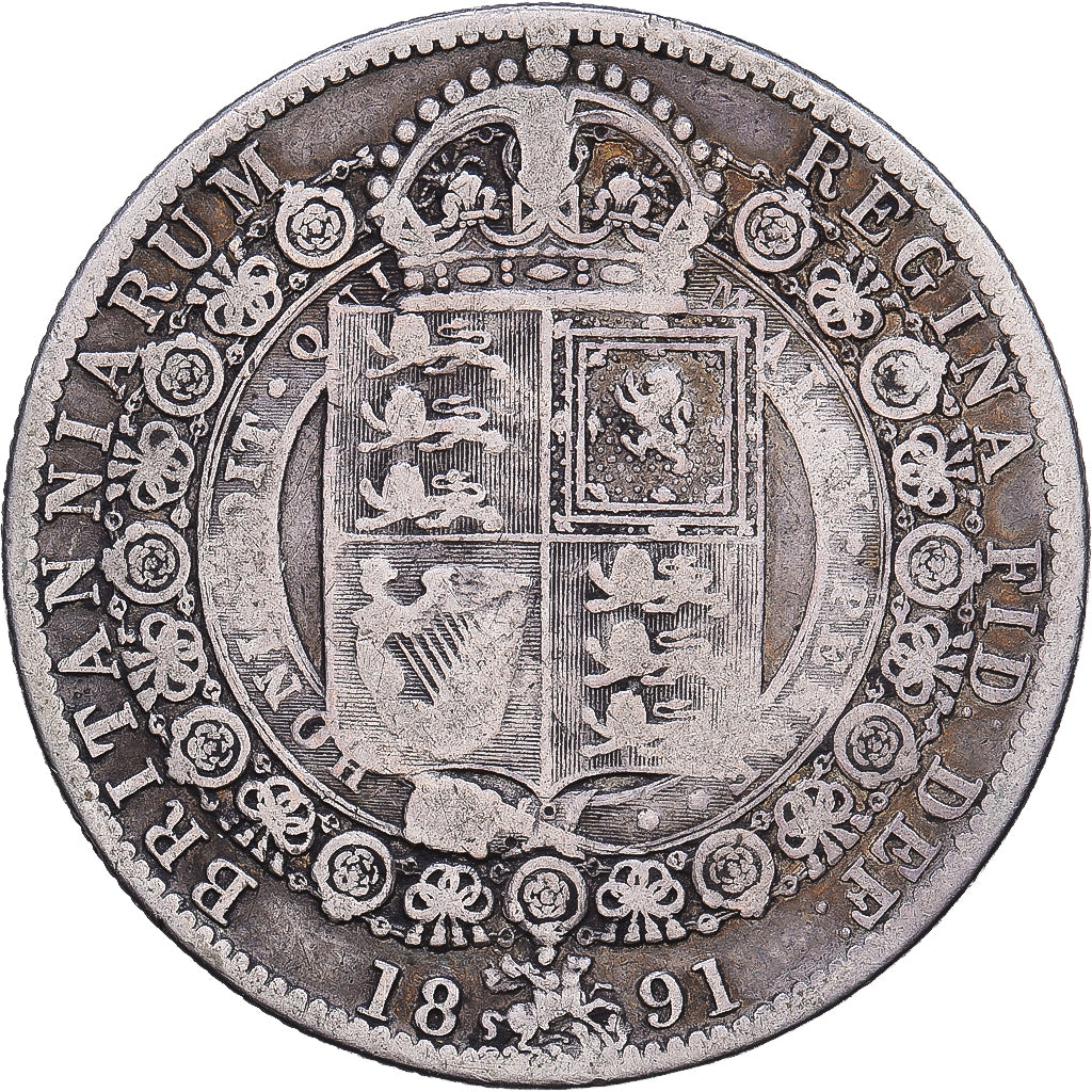 Gran Bretaña, Victoria, 1/2 Crown, 1891, Plata, BC+, KM:764