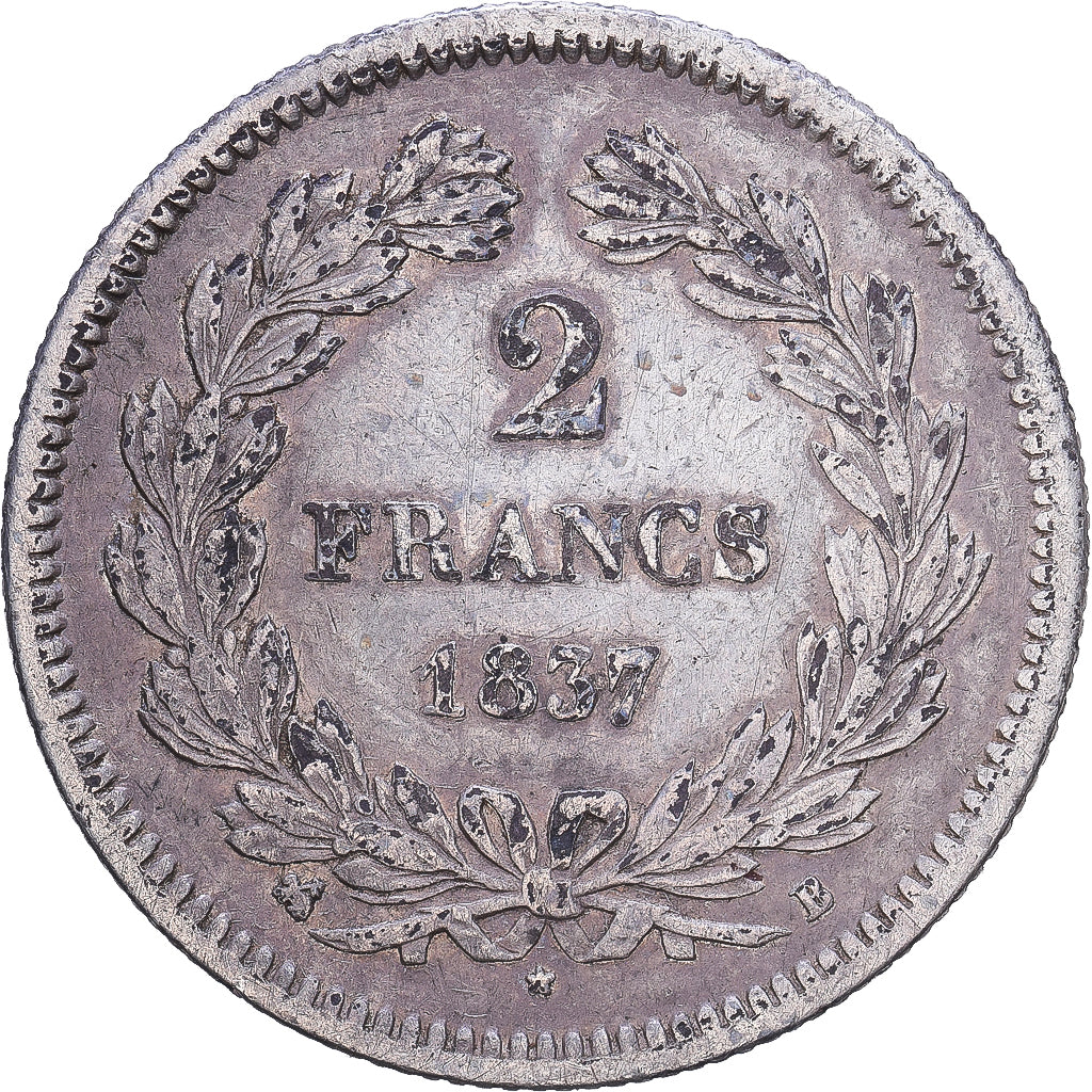 França, 2 Francs, Louis-Philippe, 1837, Rouen, Prata, VF(20-25), KM:743.2
