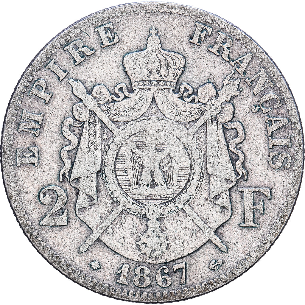 France, Napoléon III, 2 Francs, Napoléon III, 1867, Paris, Argent, TB