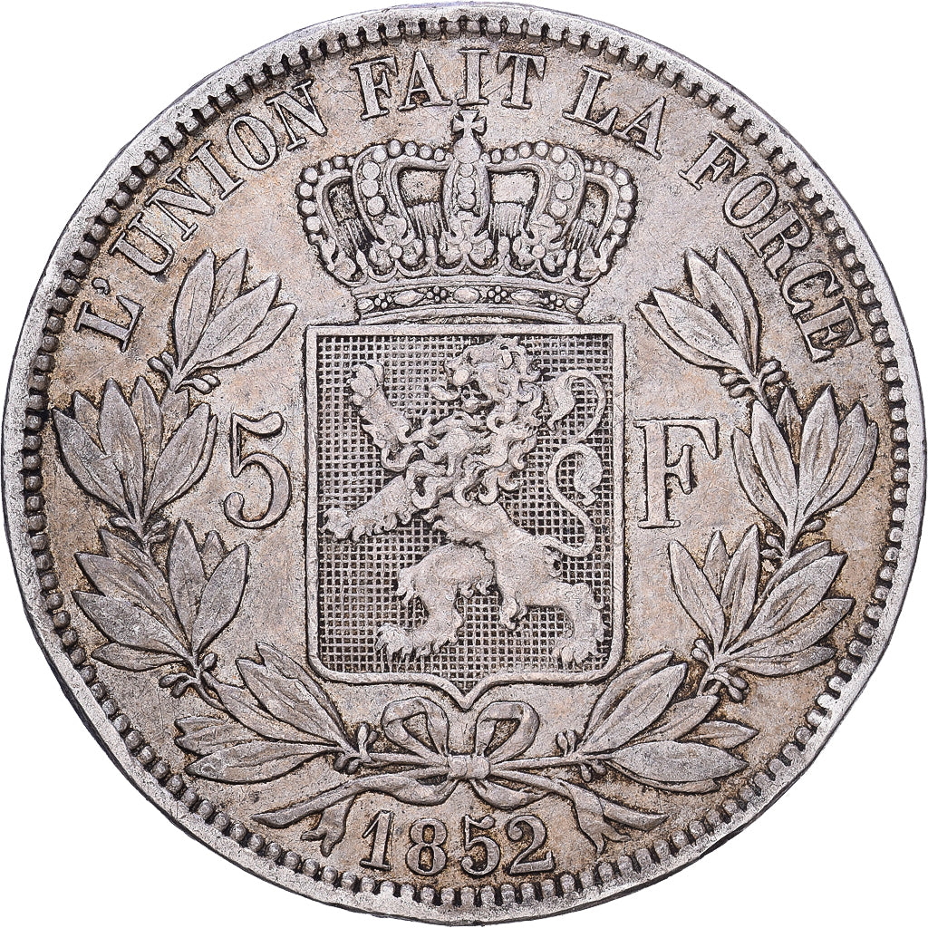 Belgia, Leopold I, 5 Francs, 5 Frank, 1852, Brussels, Srebro, EF(40-45), KM:17