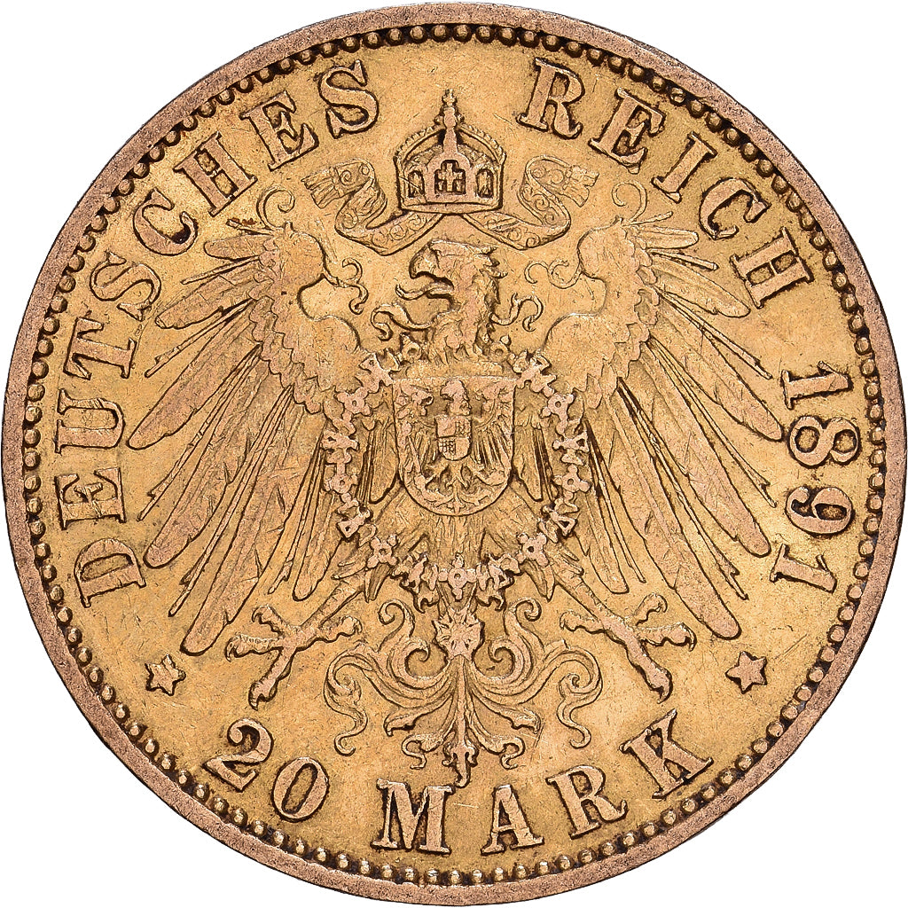 GERMANIA - IMPERO, PRUSSIA, Wilhelm II, 20 Mark, 1891, Berlin, Oro, BB, KM:521