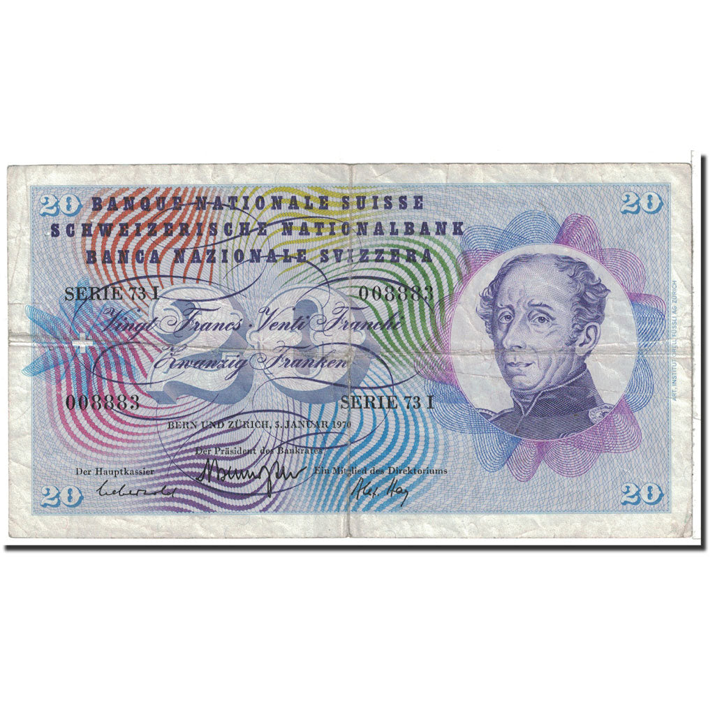 Banknot, Szwajcaria, 20 Franken, 1970, 1970-01-05, KM:46r, VF(30-35)