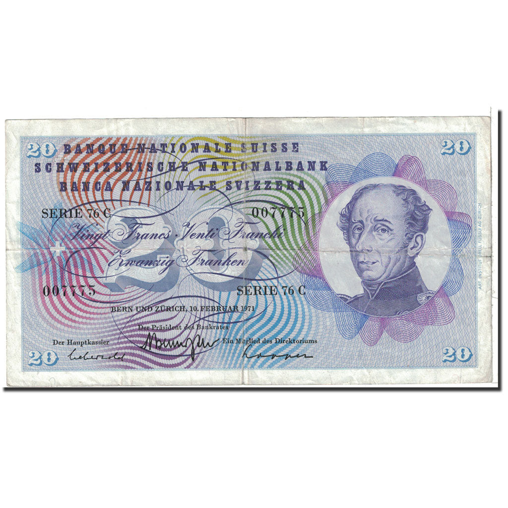 Billete, 20 Franken, 1971, Suiza, KM:46s, 1971-02-10, MBC