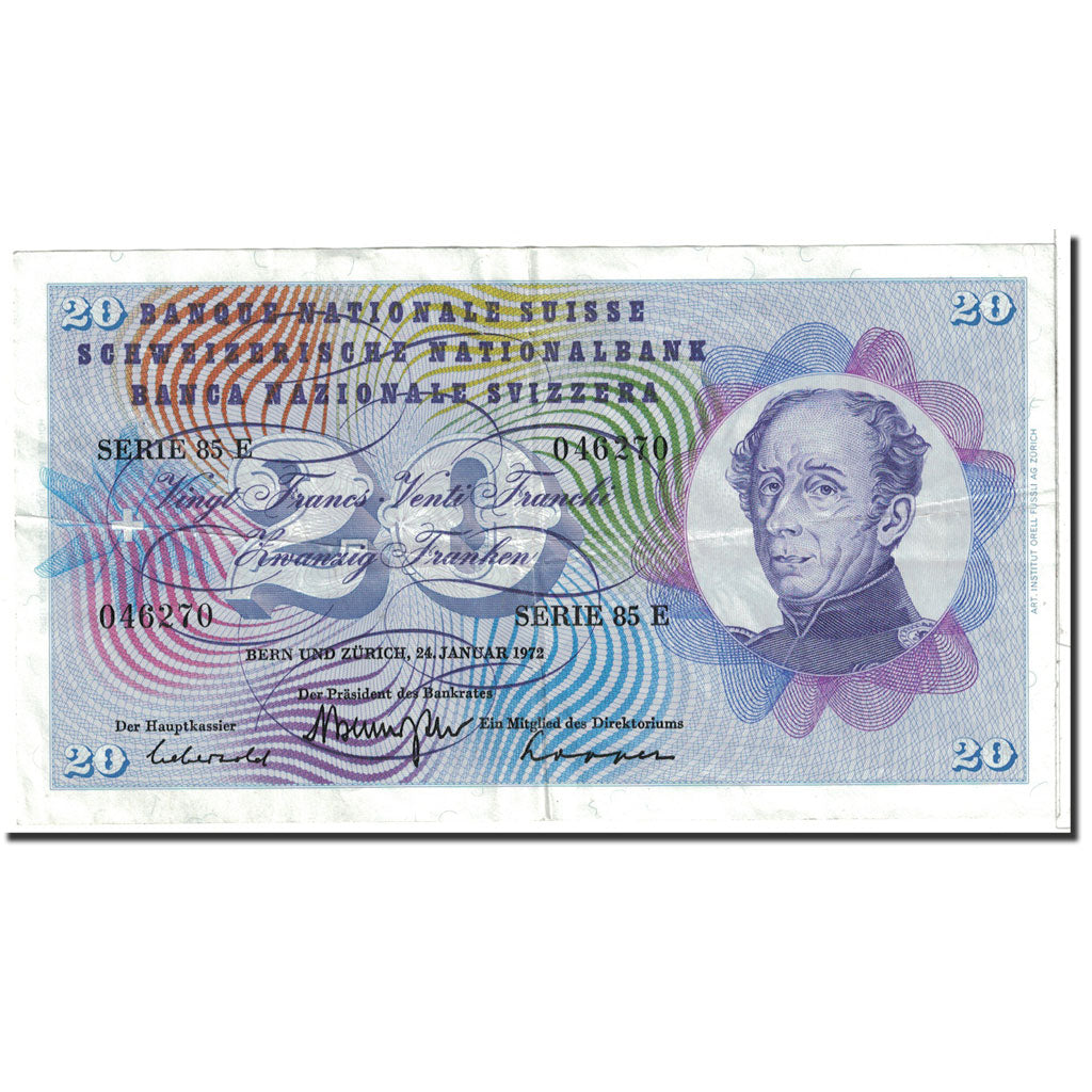 Banknote, Switzerland, 20 Franken, 1972, 1972-01-24, KM:46s, AU(50-53)