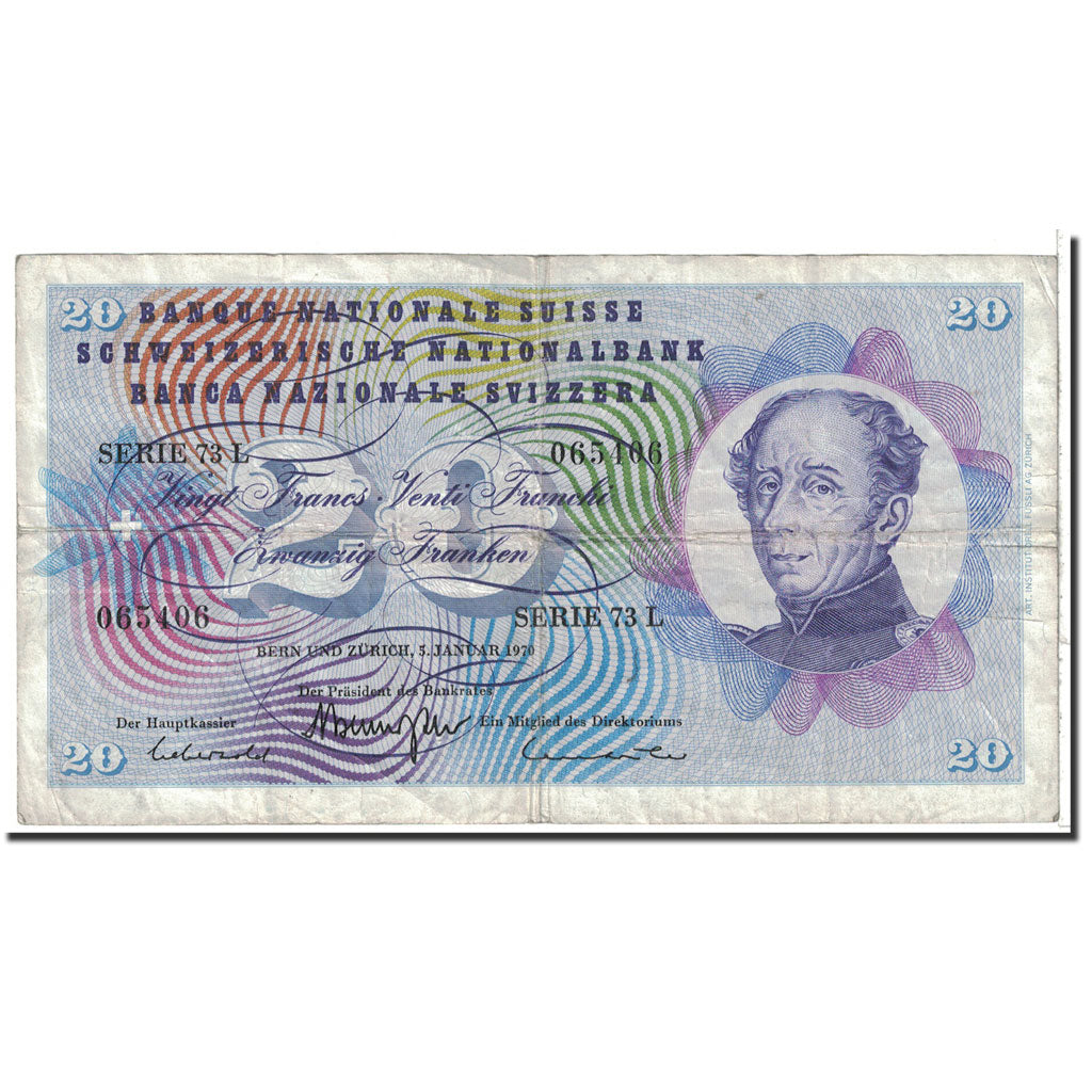 Banknot, Szwajcaria, 20 Franken, 1970, 1970-01-05, KM:46r, EF(40-45)