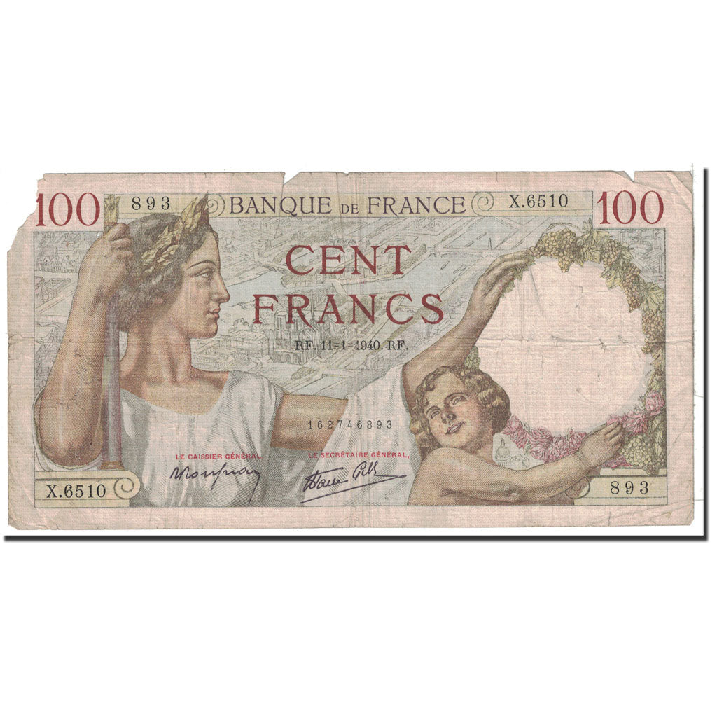 Banknote, France, 100 Francs, 1940, 1940-01-11, VF(20-25), Fayette:26.20, KM:94