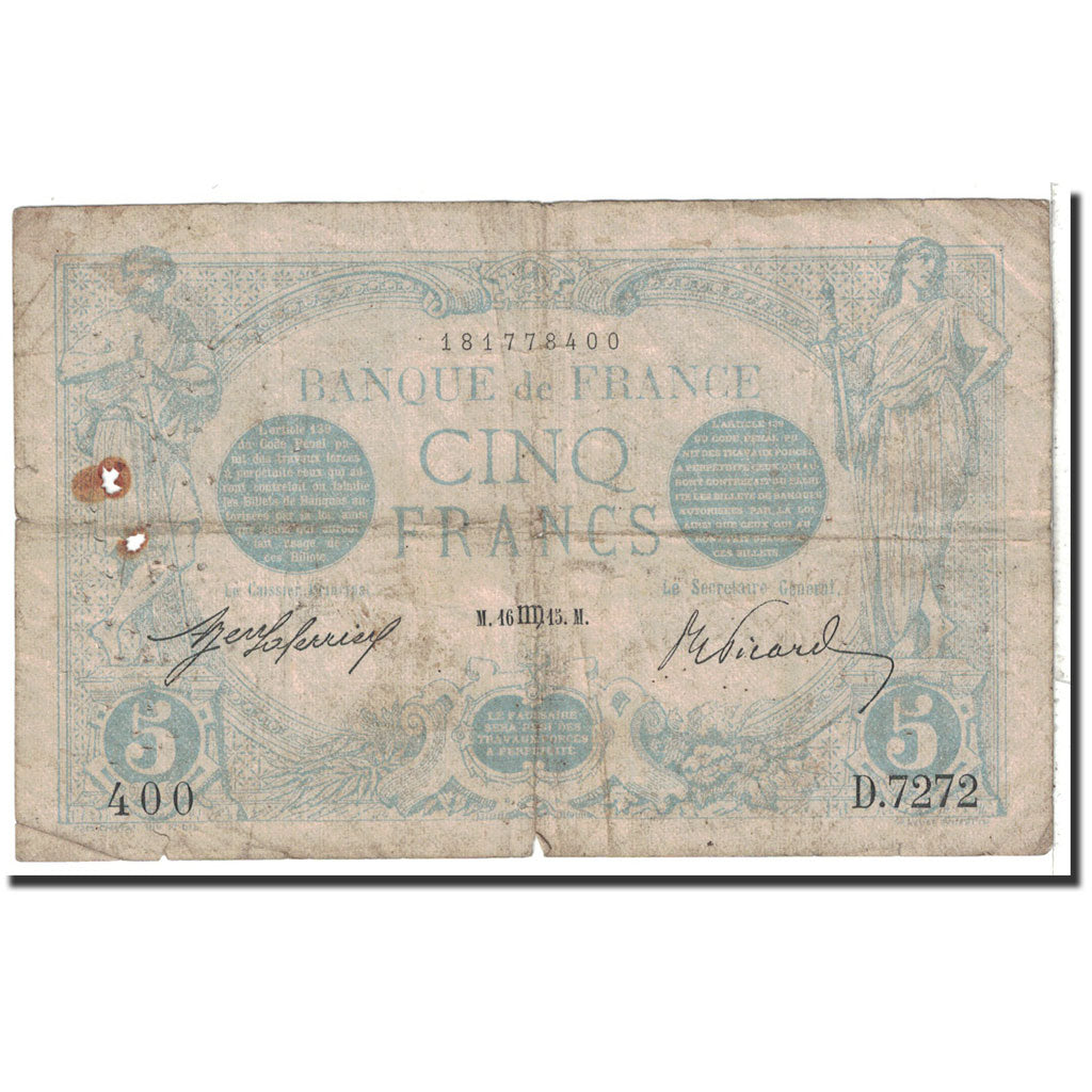 Geldschein, Frankreich, 5 Francs, 1915, 1915-08-16, SGE, Fayette:2.30, KM:70