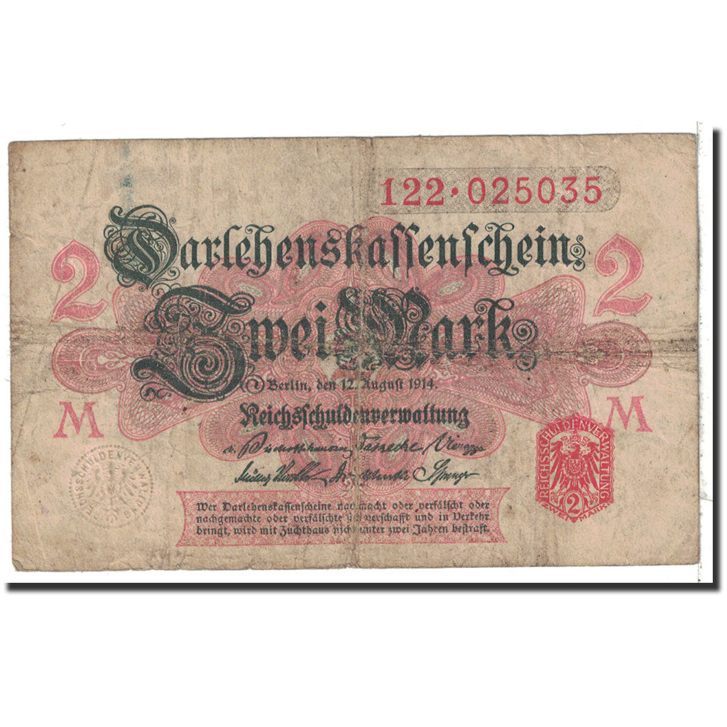 Banknote, Germany, 2 Mark, 1914, 1914-08-12, KM:53, VG(8-10)